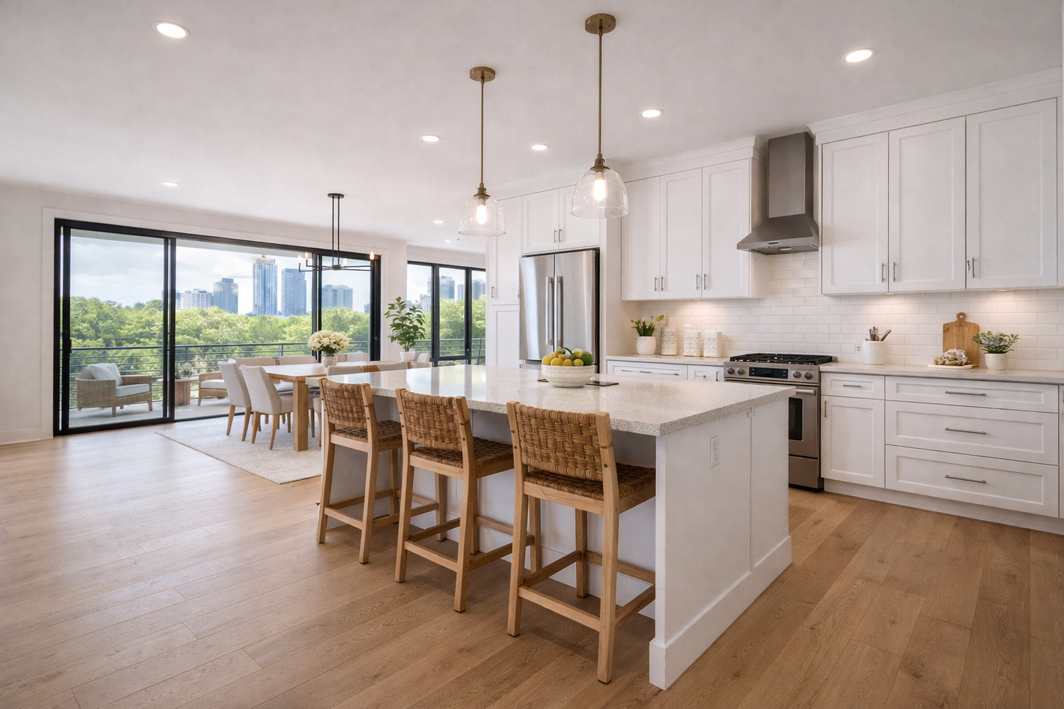 Modern white kitchen with woven bar stools, quartz island, and city views through large sliding glass doors.