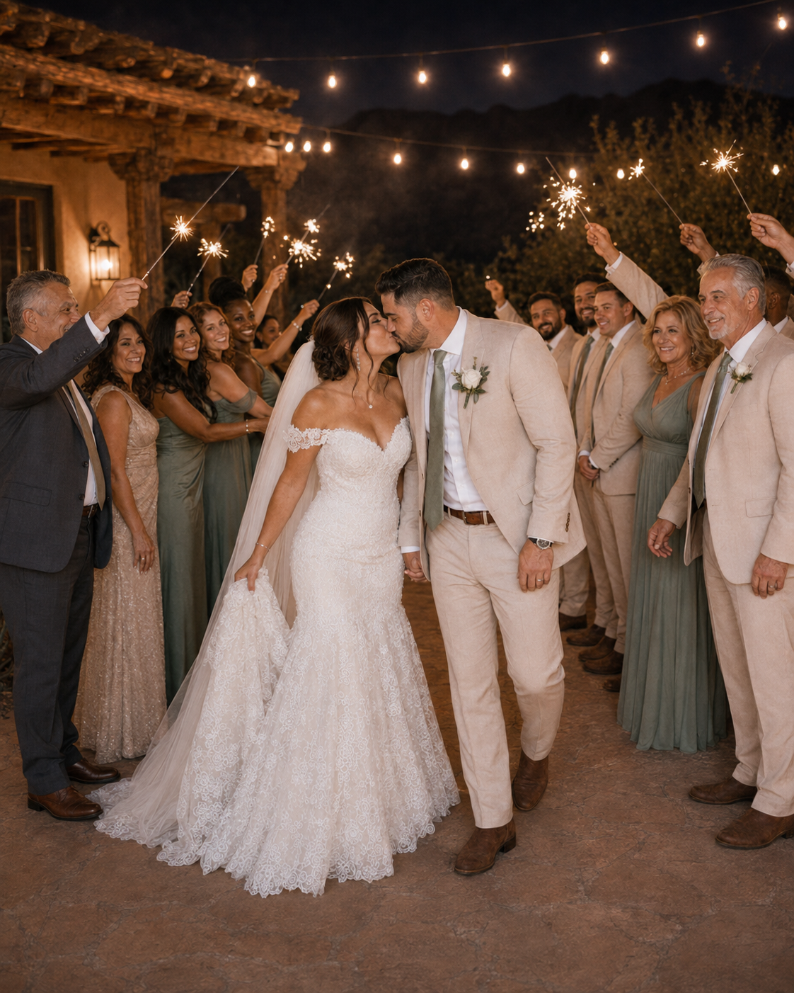Bride and groom share a kiss during sparkler send-off surrounded by wedding party in sage green and tan attire at night.