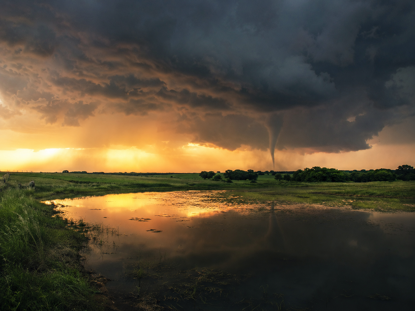 A dramatic tornado touches down at sunset over a reflective pond with dark storm clouds and golden sky.