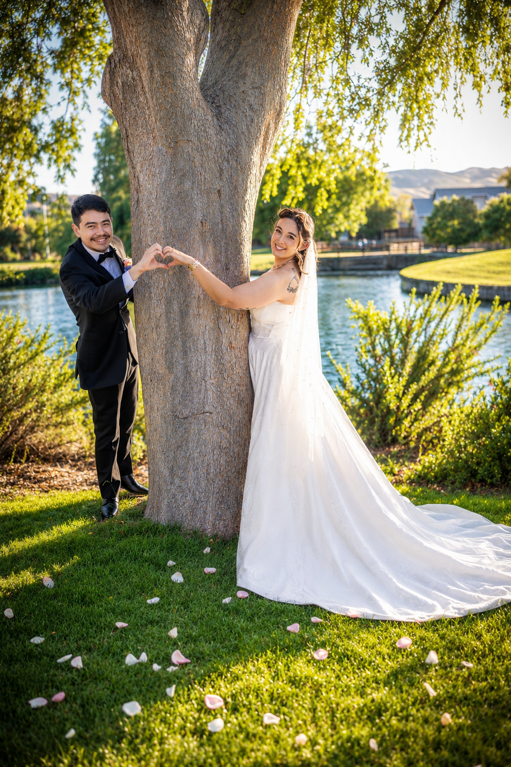 A bride and groom pose by a large tree making a heart shape with their hands at an outdoor waterside wedding venue.