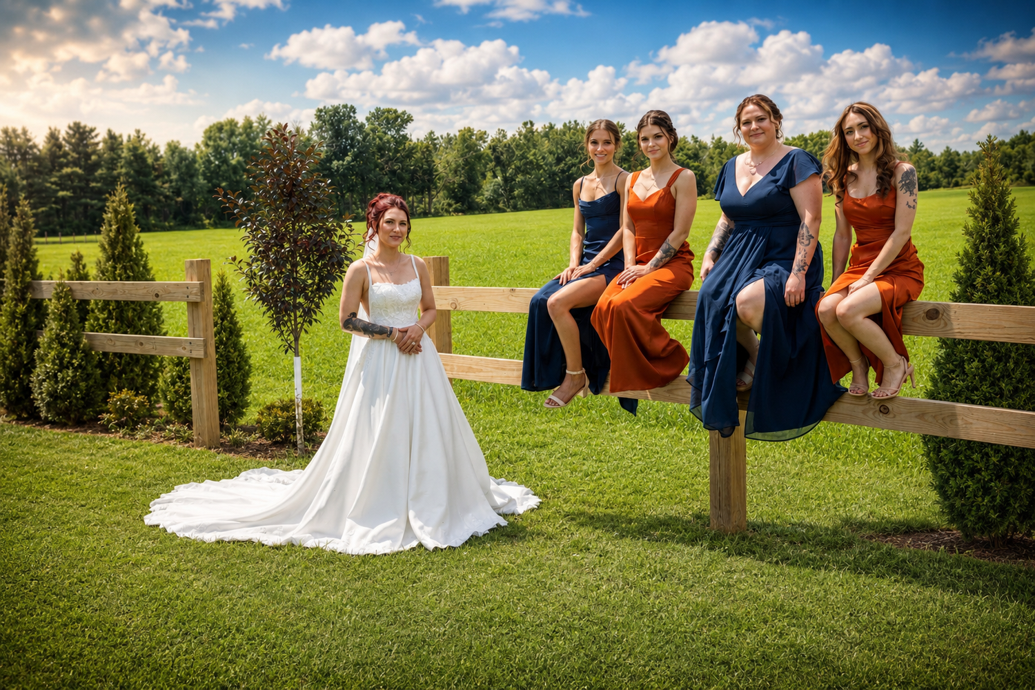 Bride in white wedding gown poses by a wooden fence while four bridesmaids in orange and navy dresses sit perched on the fence.