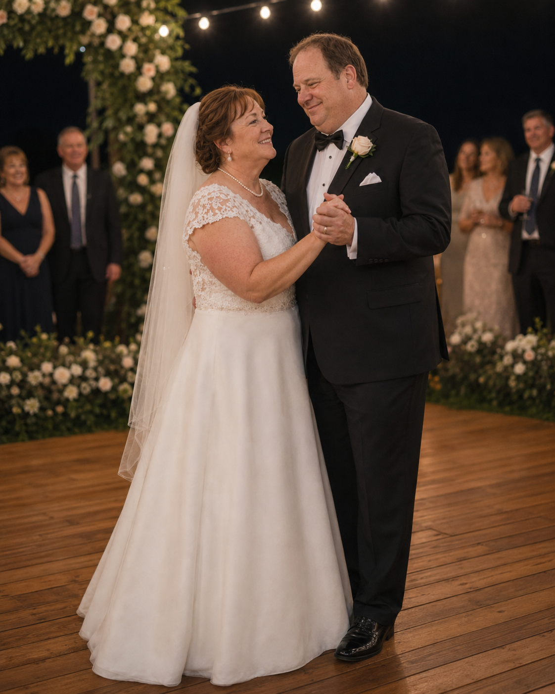 Bride and groom share first dance on outdoor wooden dance floor under string lights at night.