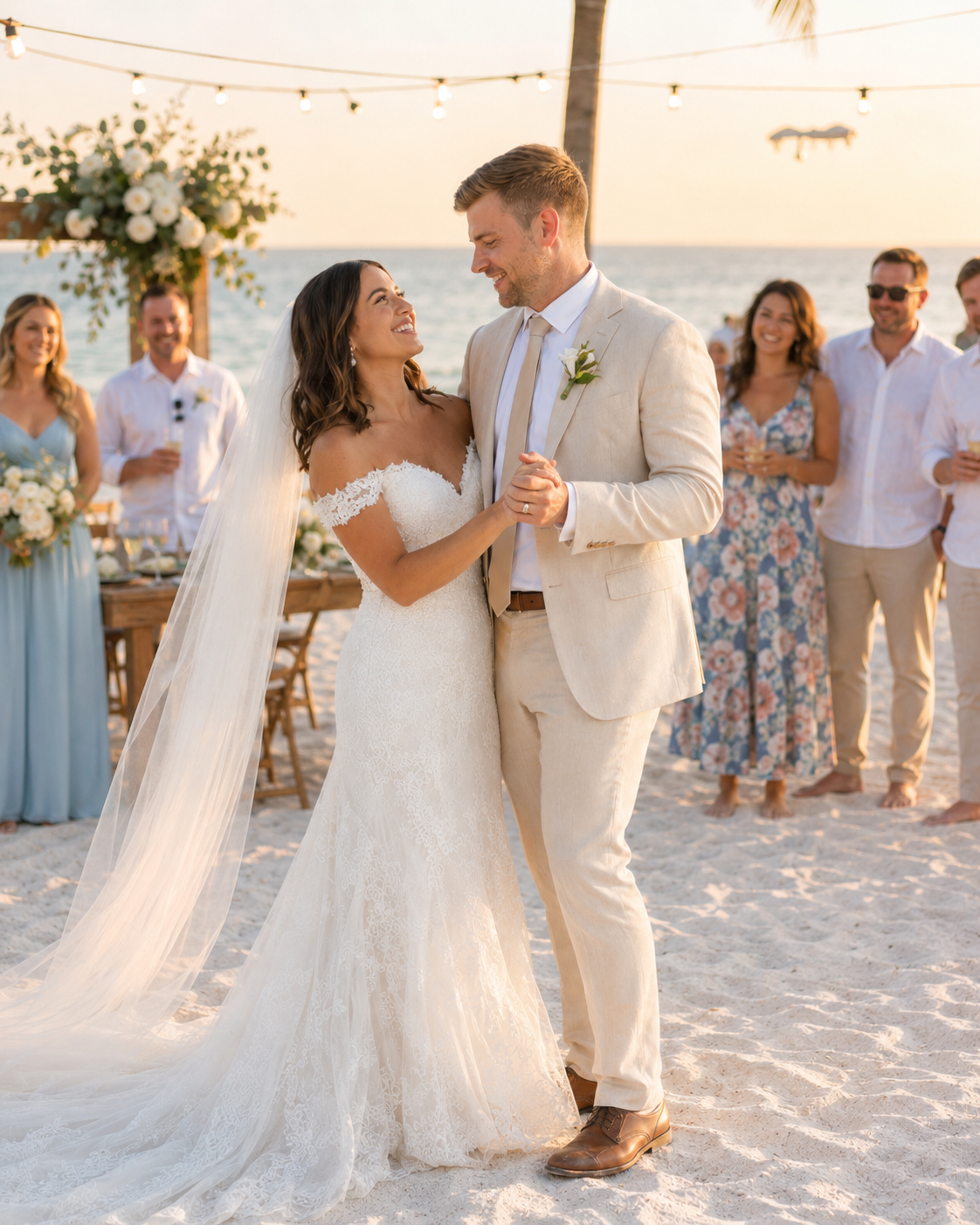 Couple shares first dance on sandy beach at sunset wedding with guests and floral arch backdrop.