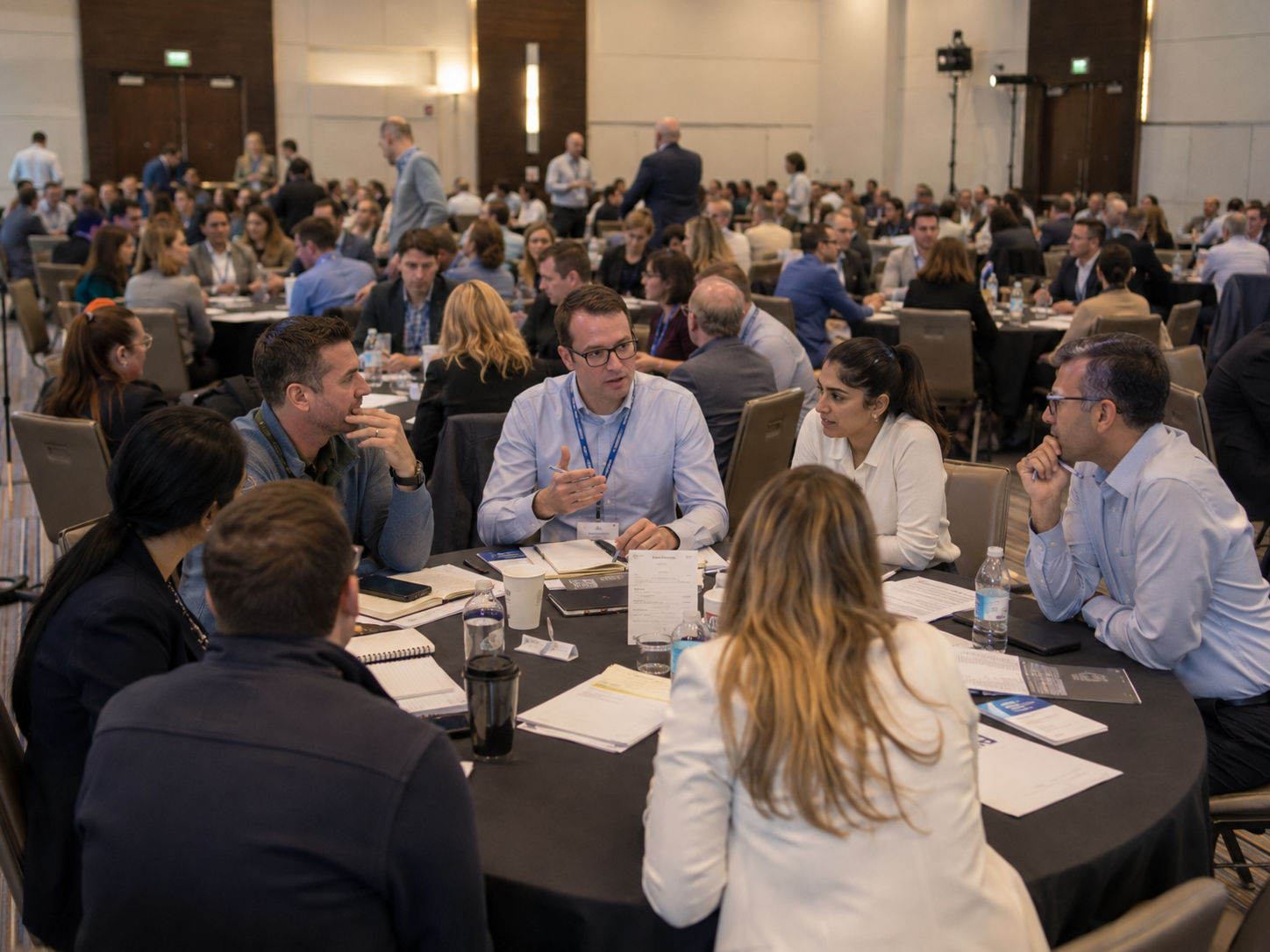 Professionals networking at round tables during a large business conference in a modern ballroom setting.