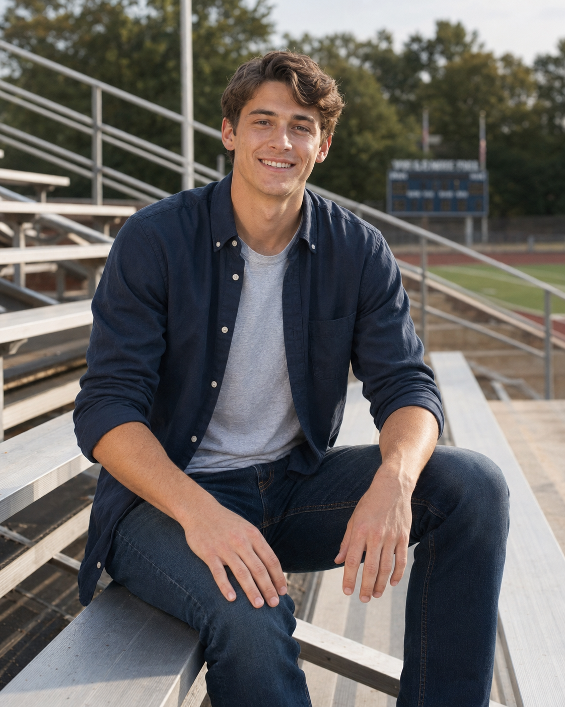 Young man smiling on bleachers wearing navy shirt and jeans.