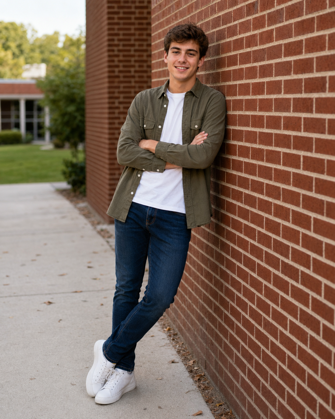 Young man in olive shirt, white tee, jeans, and sneakers leaning against brick wall smiling with arms crossed.
