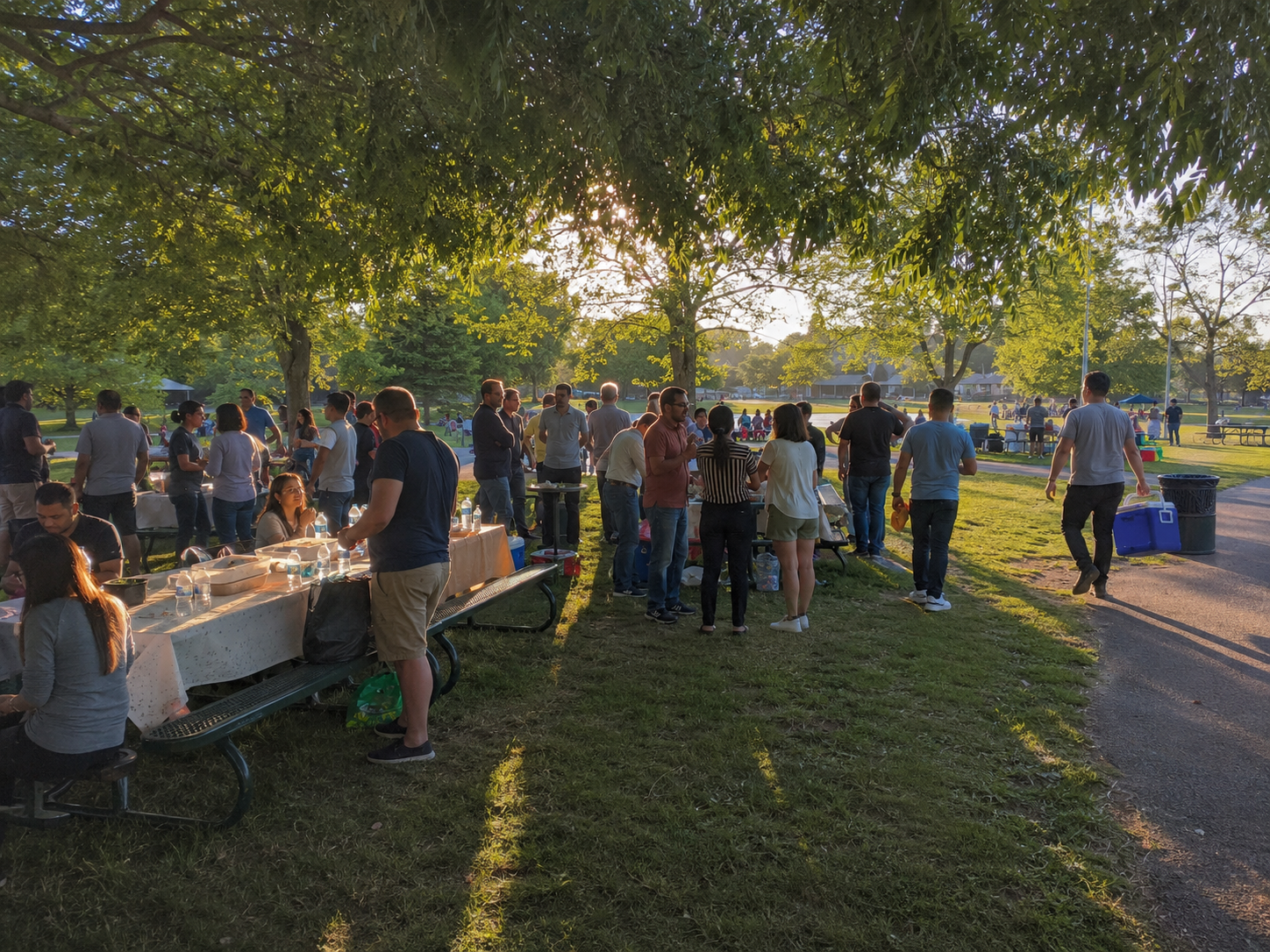 Large group of people socializing outdoors at a park gathering during golden hour sunset light.