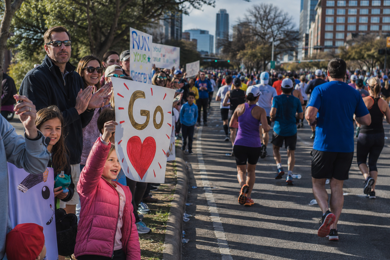 Young girl holds Go sign cheering marathon runners on city street with crowd of spectators.