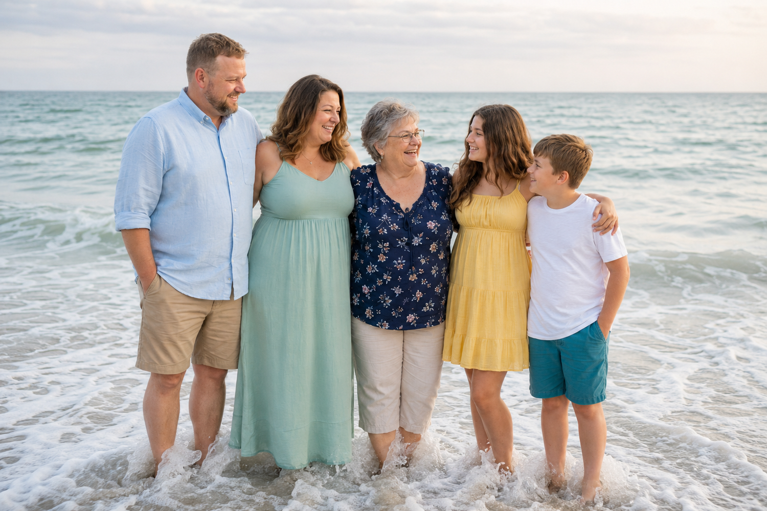 Family of five smiling together on a beach, standing in shallow ocean waves during a golden hour photo session.