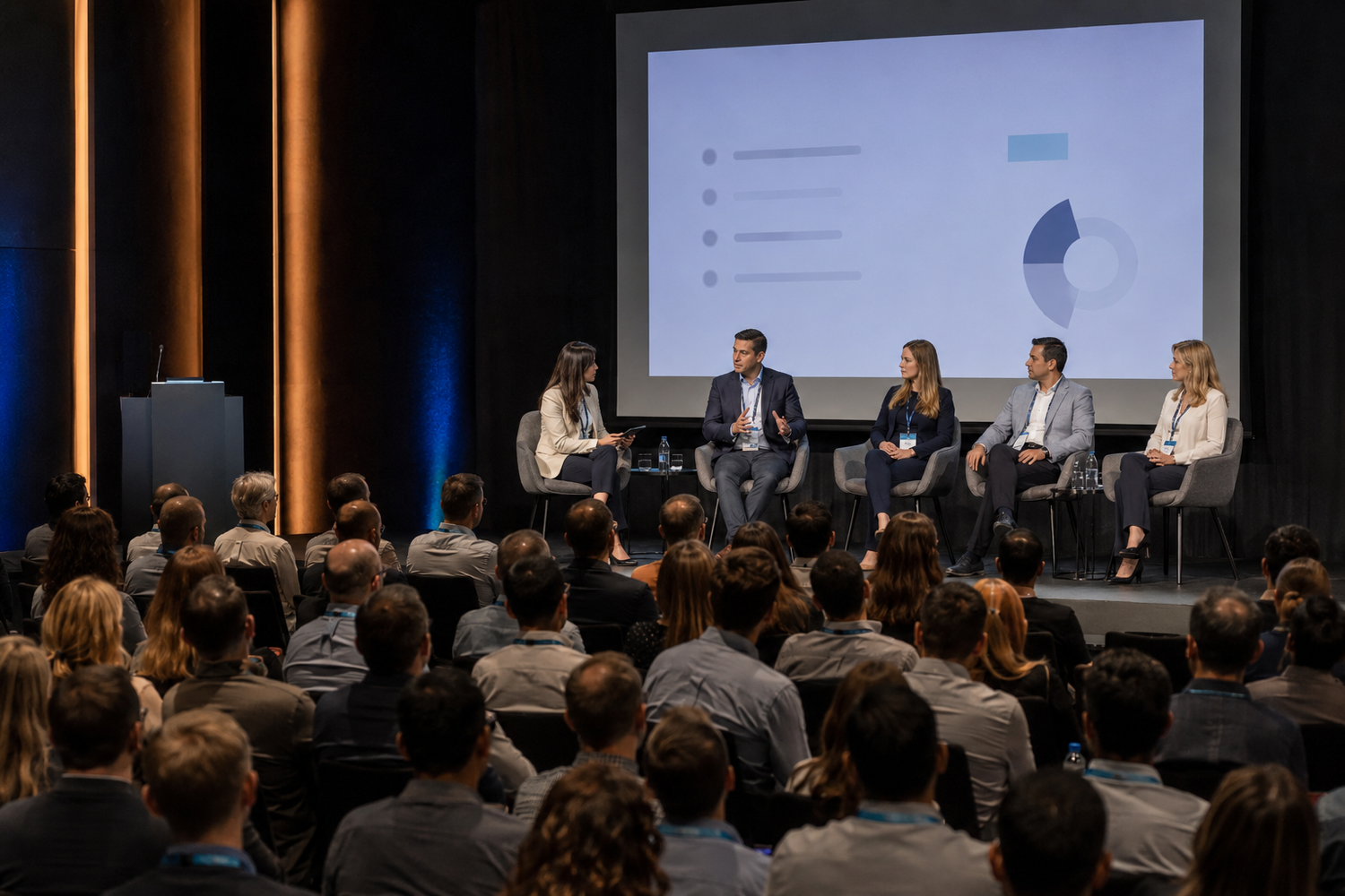 Panel of five speakers present to a large audience at a professional conference with projection screen.
