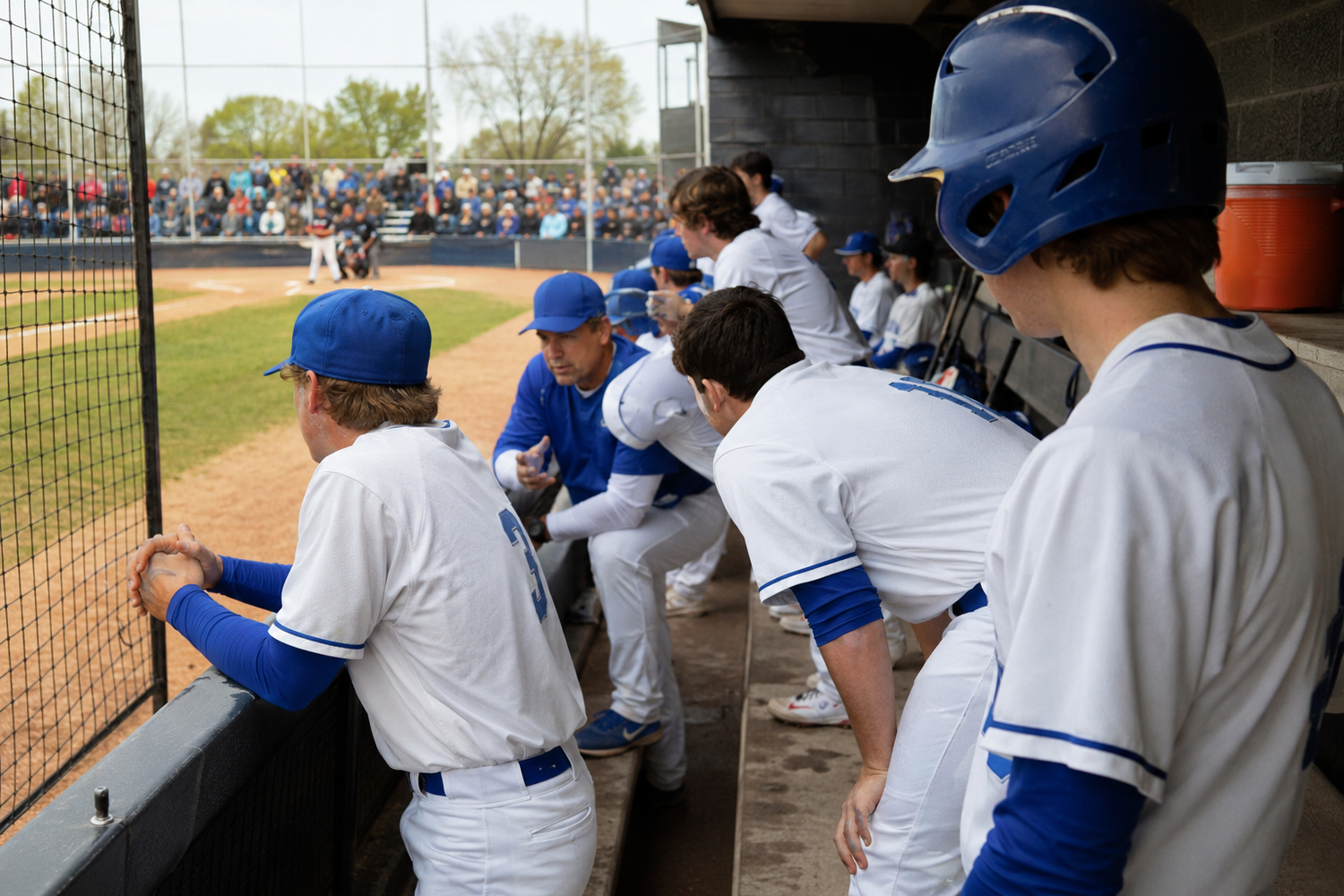 High school baseball players in blue and white uniforms watch the game from their dugout during a sunny day.