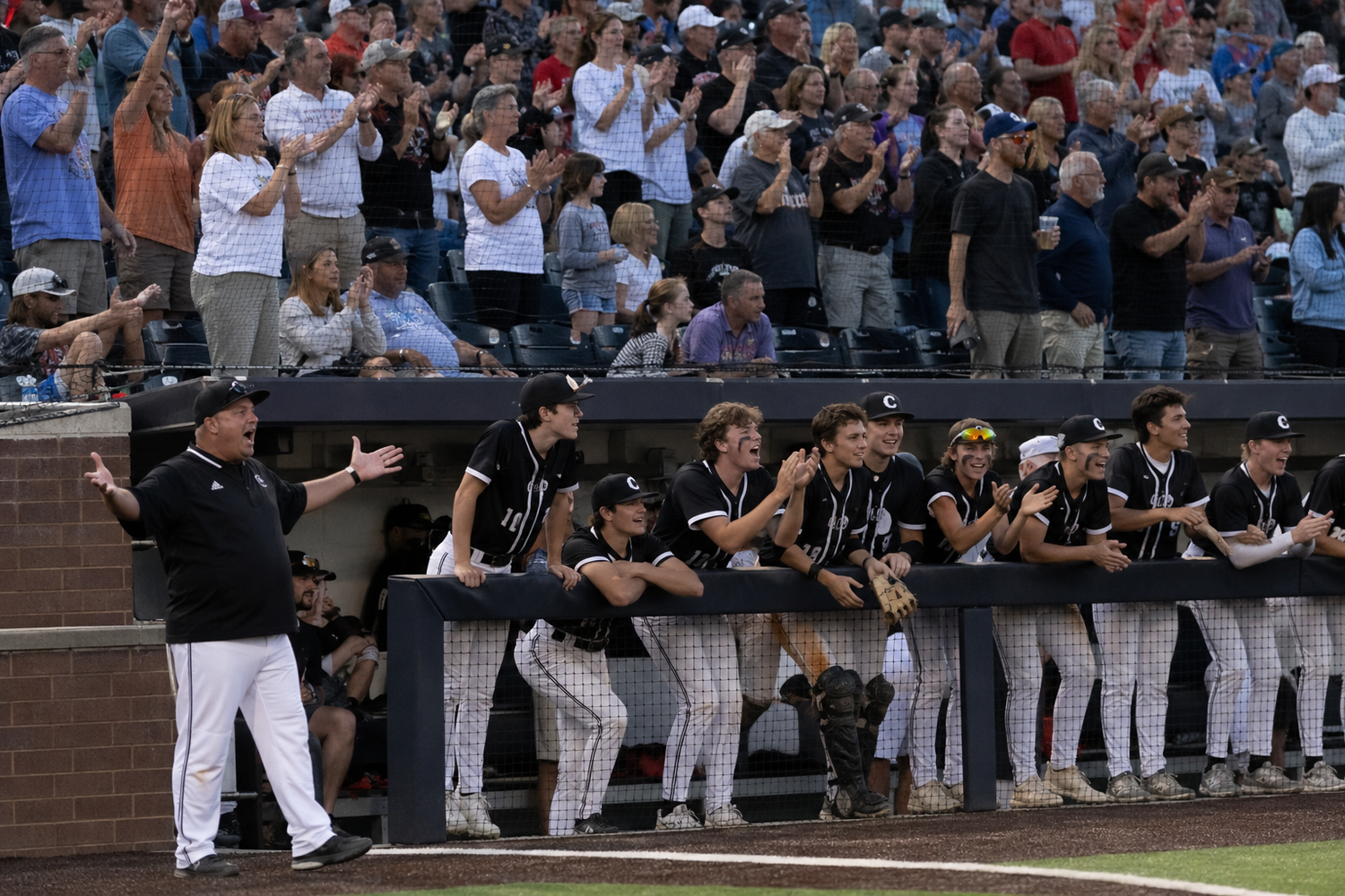 Baseball coach and team celebrate in dugout as fans cheer during an exciting game moment.