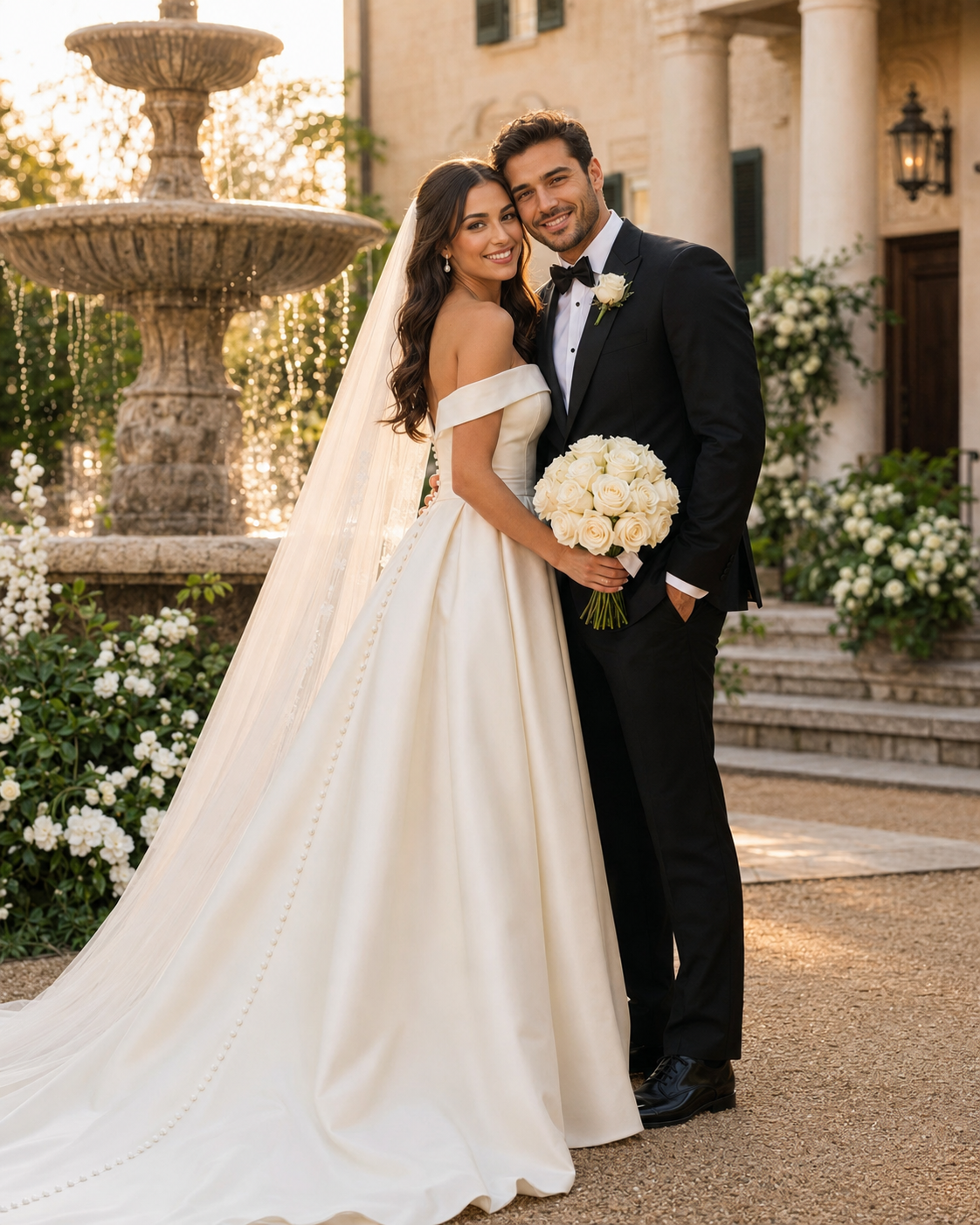 Elegant bride and groom posing together in front of a stone fountain, bride holding white roses bouquet at outdoor wedding.