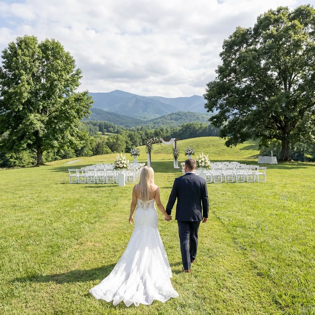 Bride and groom walk hand-in-hand toward an outdoor wedding ceremony setup with mountain views and lush green landscape.