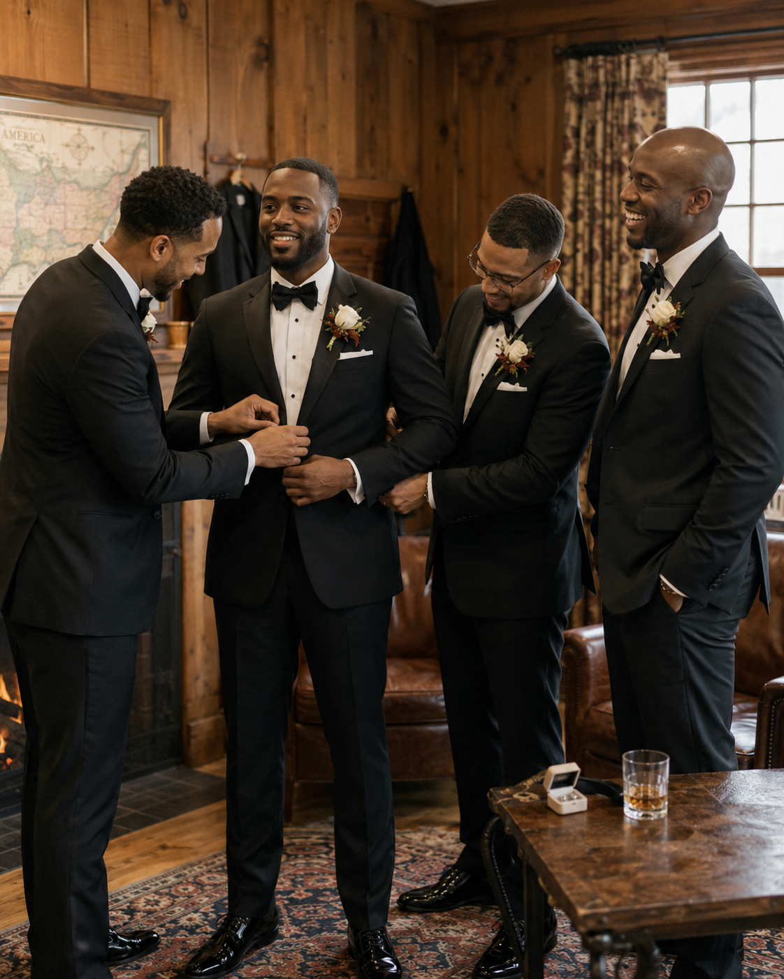 Four groomsmen in black tuxedos with boutonnieres laugh together in a wood-paneled room before a wedding ceremony.