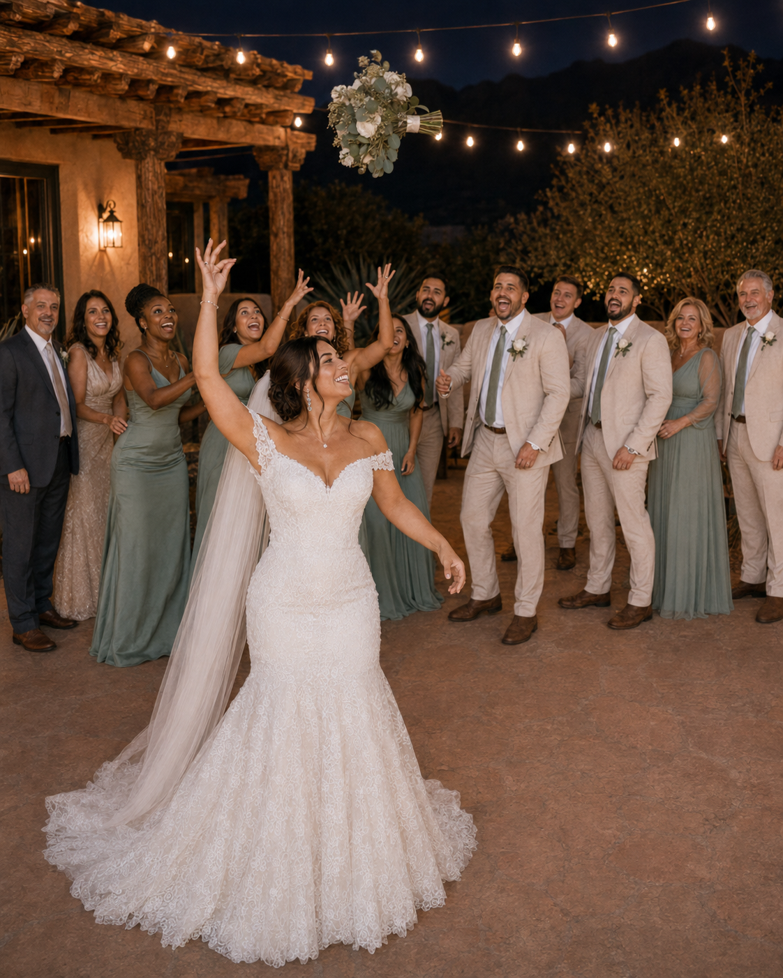 Bride tosses bouquet to excited wedding party outdoors at night with string lights.