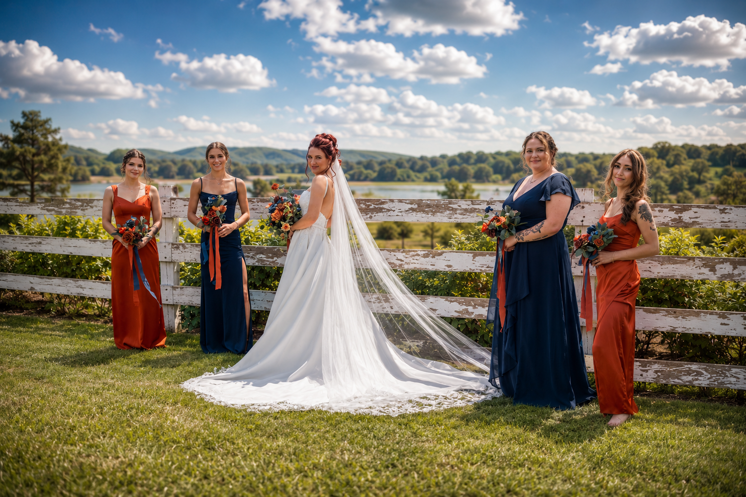 Bride with bridesmaids in navy and rust gowns posing outdoors with scenic river views and blue sky.