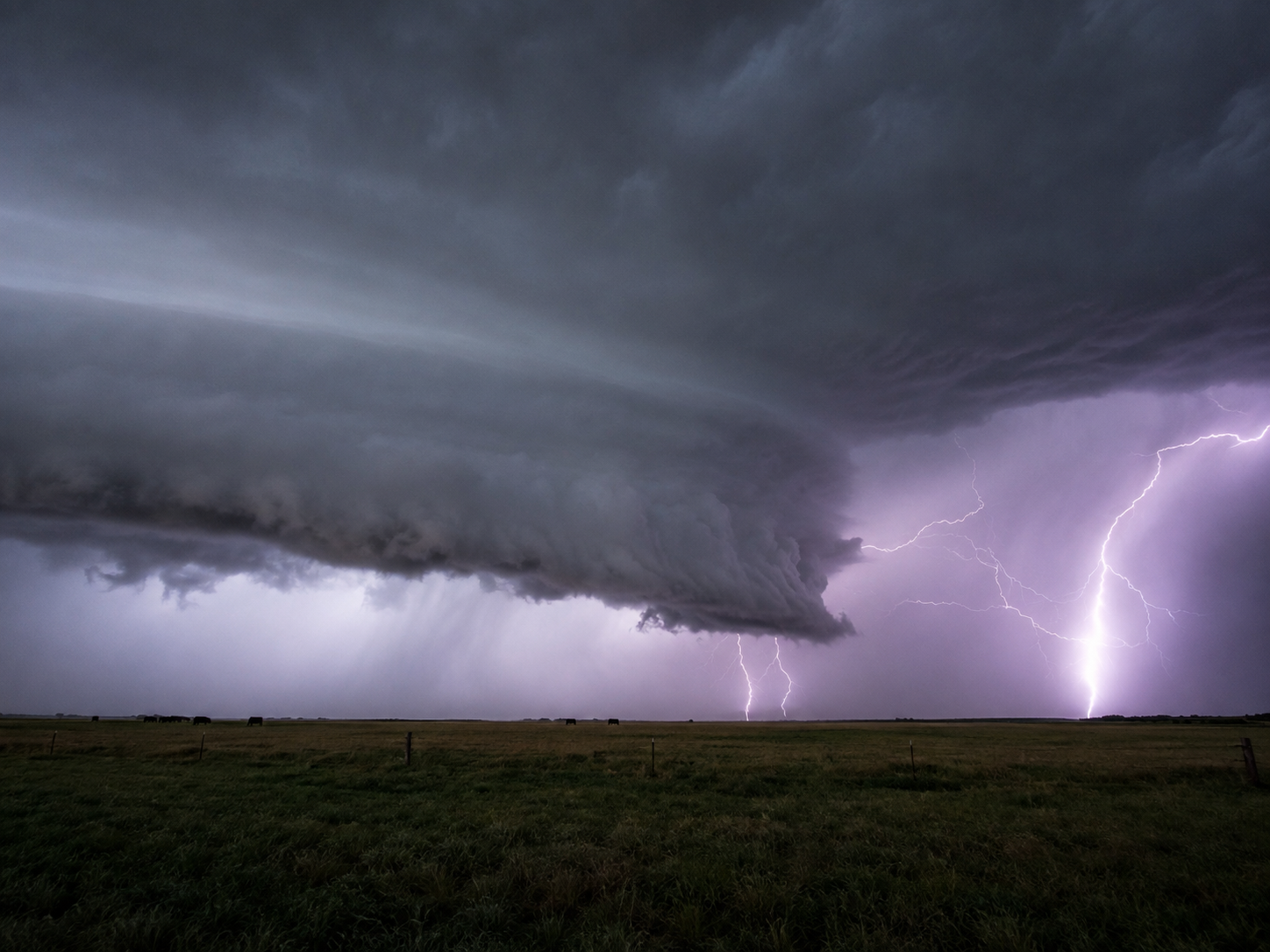 Dramatic supercell thunderstorm with vivid lightning strikes illuminating a dark, swirling sky over a flat green field.