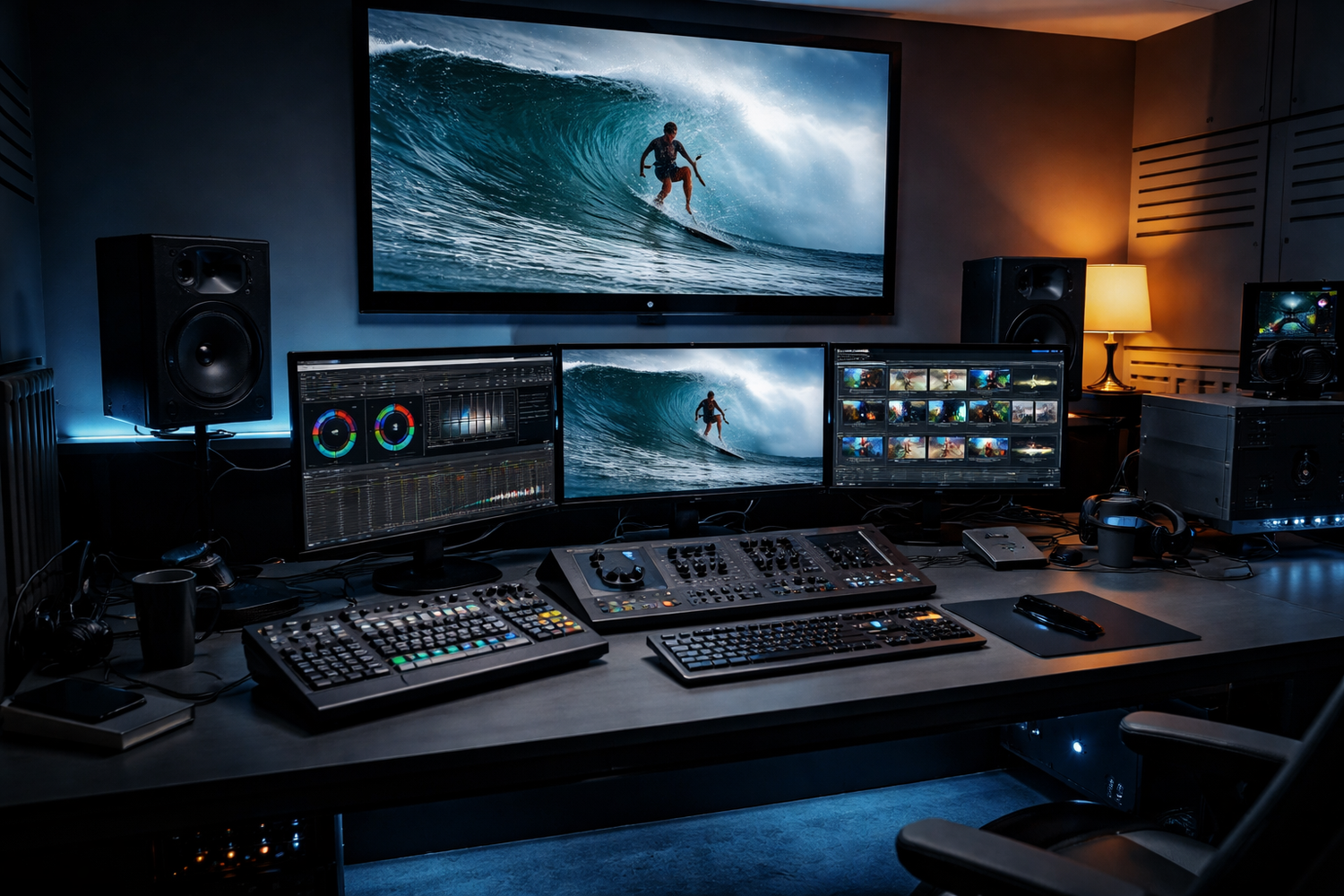 Professional video editing workstation with multiple monitors showing surfing footage and color grading interface in dark room.