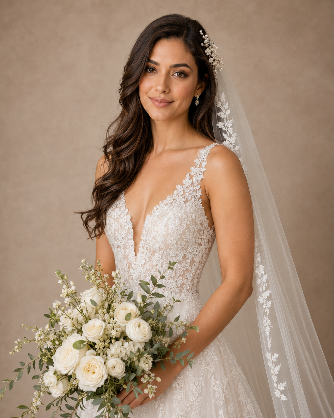 Bride in lace V-neck wedding gown holding white rose bouquet with greenery, wearing veil and floral hair accessories.
