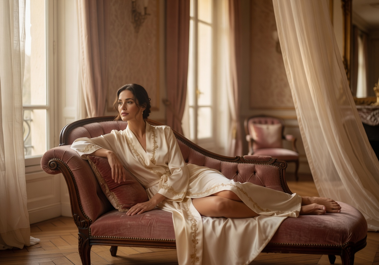 Woman in silk robe relaxing on velvet chaise lounge in elegant room.
