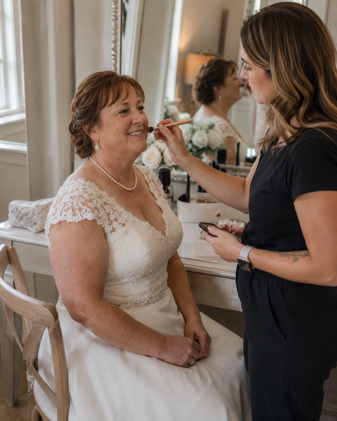 Makeup artist applies finishing touches to smiling bride in lace wedding dress seated at vanity mirror.