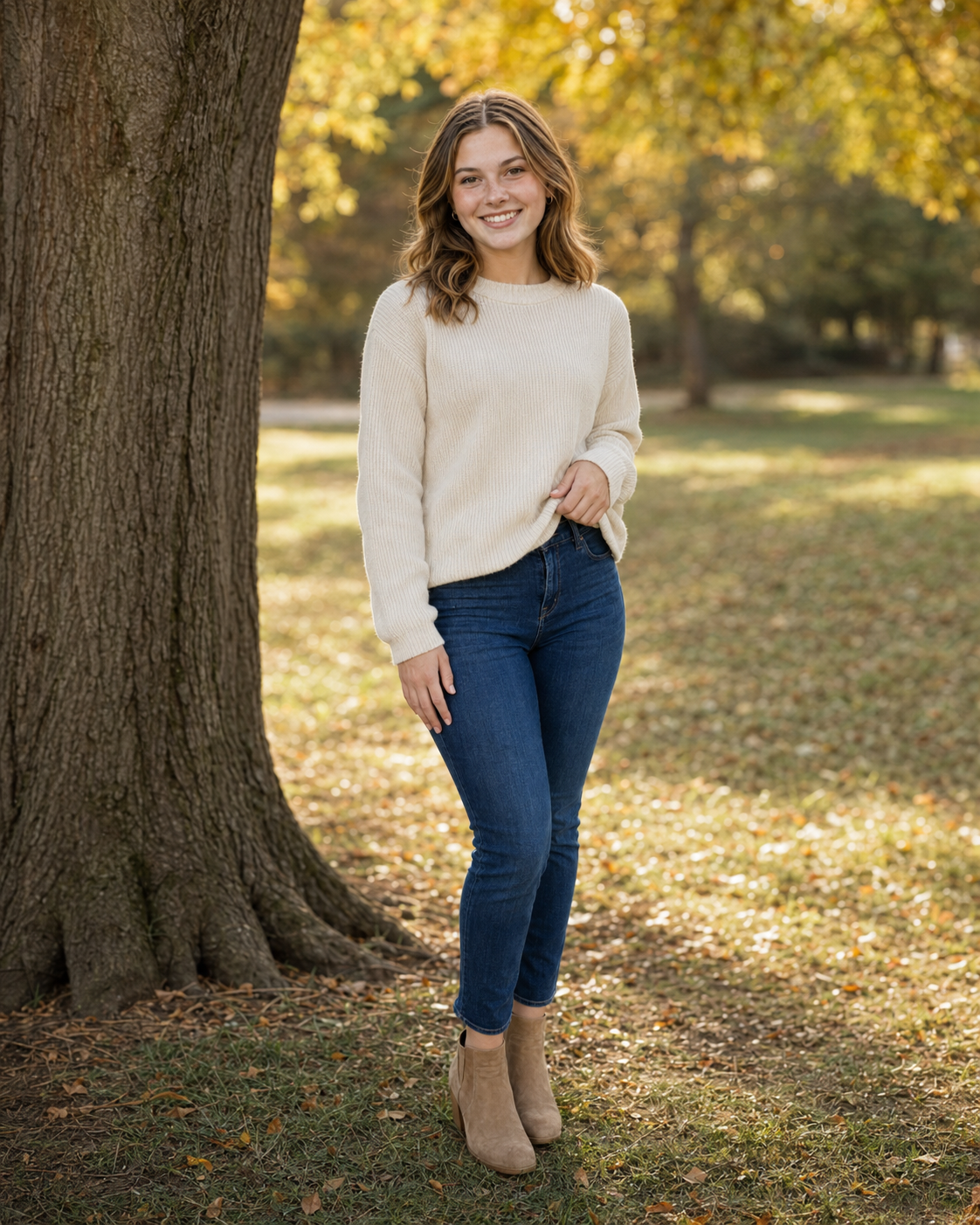 Smiling young woman in cream sweater and jeans leaning against a tree in a fall park setting.