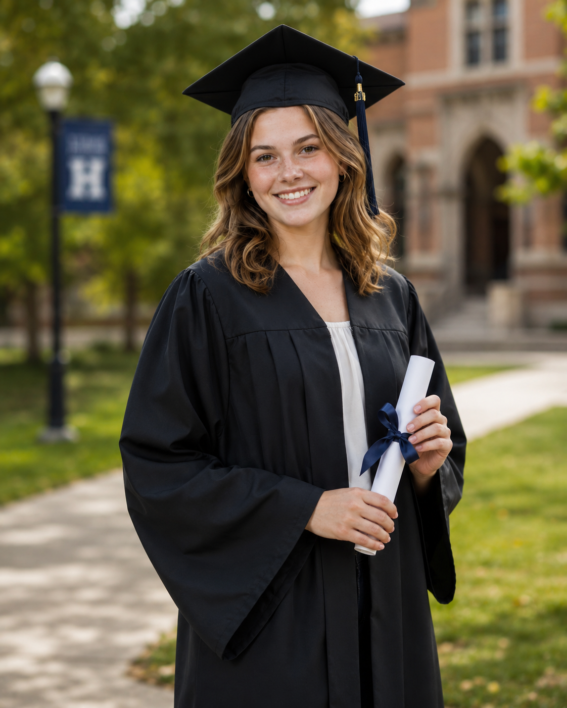 Smiling female graduate in black cap and gown holding diploma on college campus.
