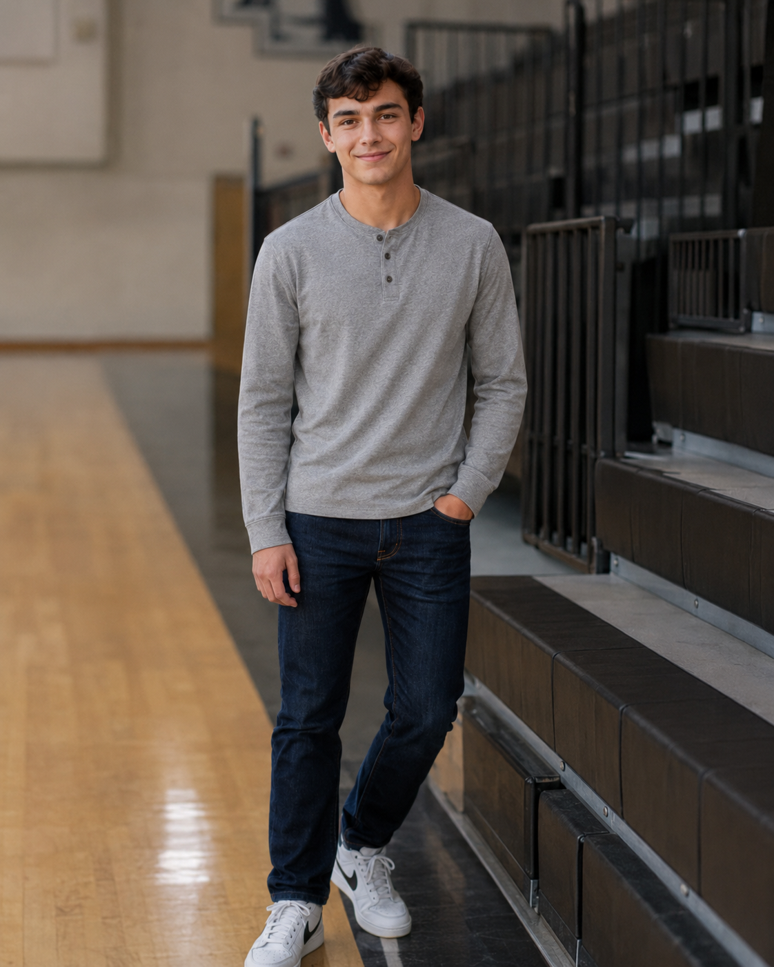 Young man in gray henley and dark jeans smiling beside bleachers on a gym floor.