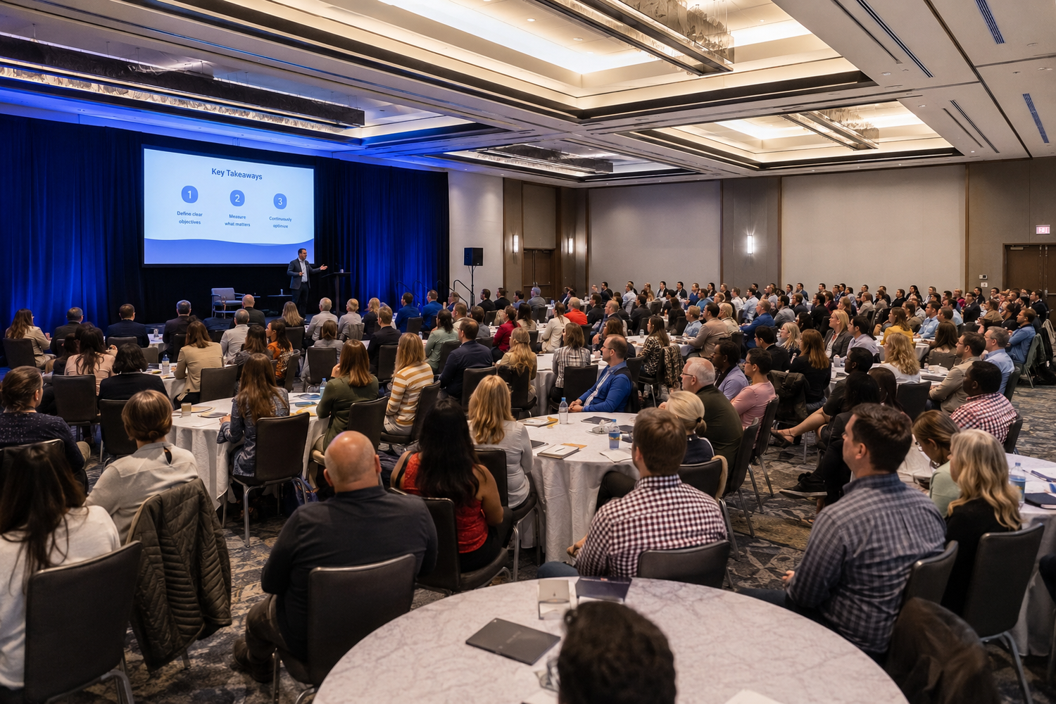 Large corporate conference with hundreds of attendees seated at round tables facing a presenter on a blue-lit stage.
