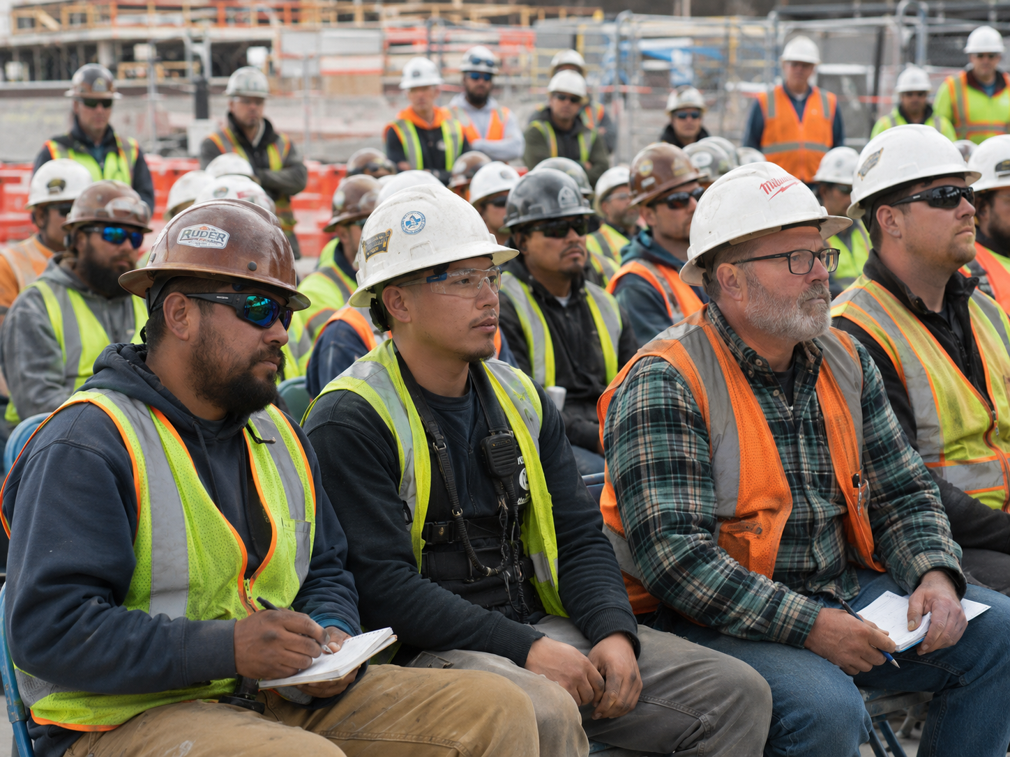 Construction workers in hard hats and safety vests sit attentively during an outdoor jobsite safety meeting.