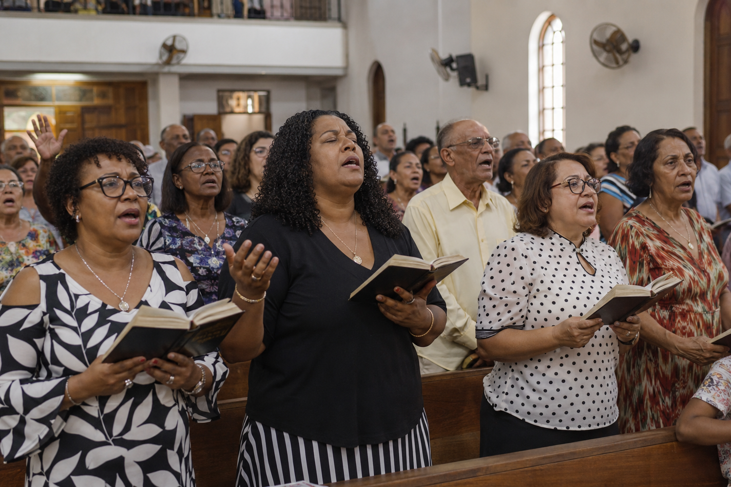 Congregation singing hymns in church, holding Bibles during worship service.