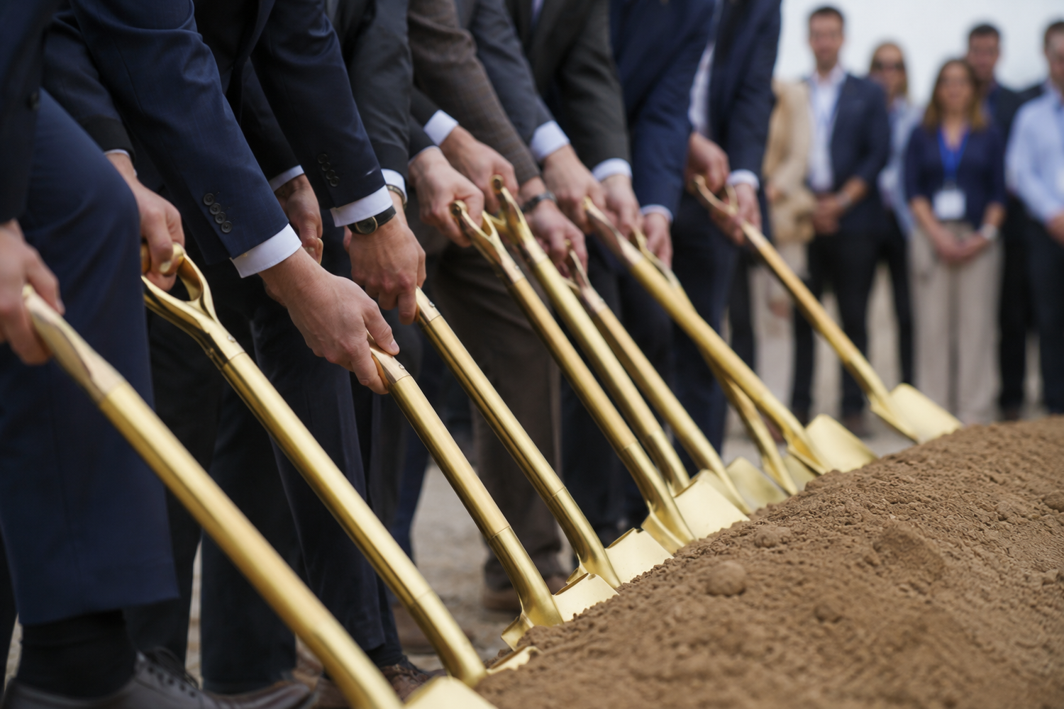 Group of officials holding gold shovels at a groundbreaking ceremony, lined up in a row over fresh dirt.
