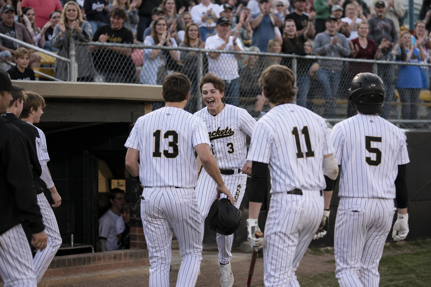 Baseball players in pinstripe uniforms celebrate near home plate with cheering fans in background.
