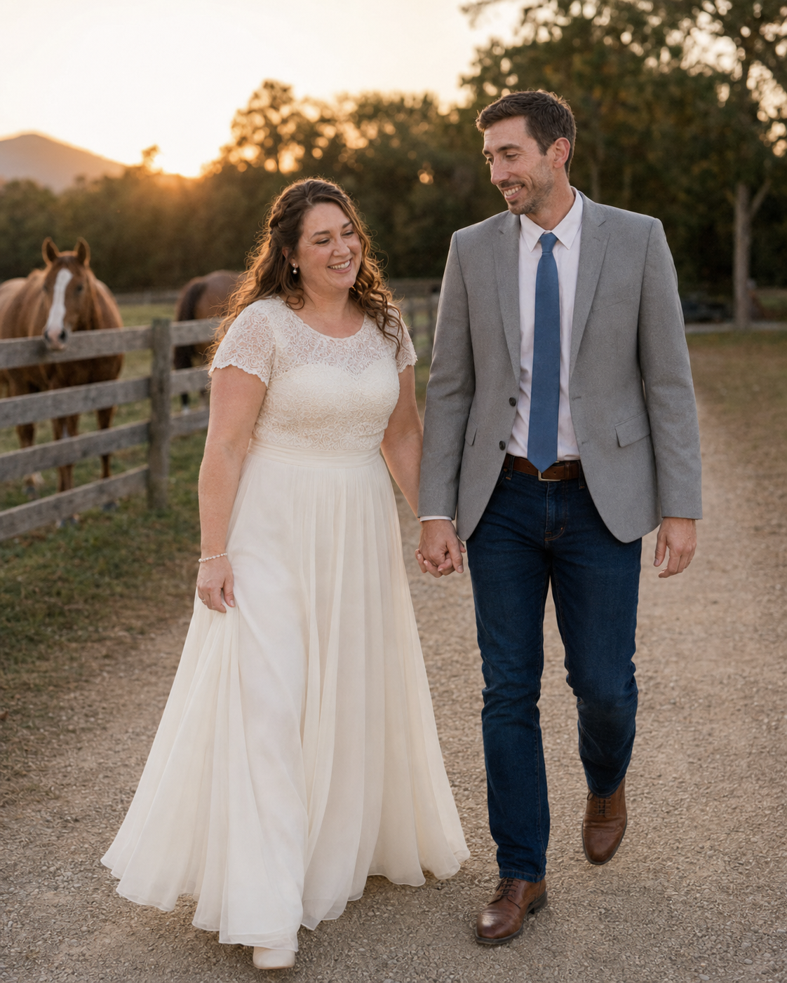 Happy newlyweds walk hand in hand along a sunlit farm path with a horse in the background.