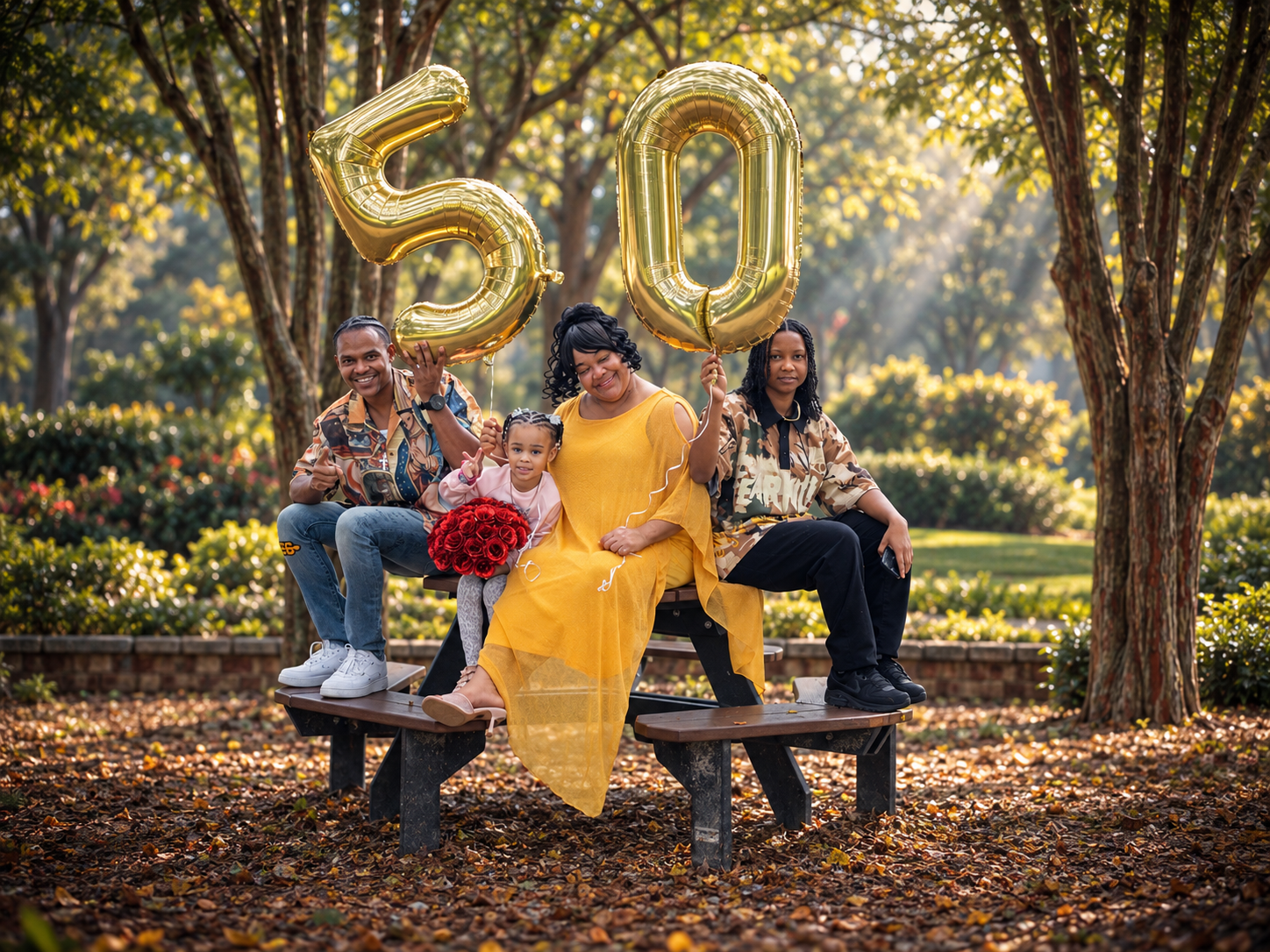 Family celebrating a 50th birthday outdoors with gold balloon numbers, yellow dress, and red roses on a park bench.