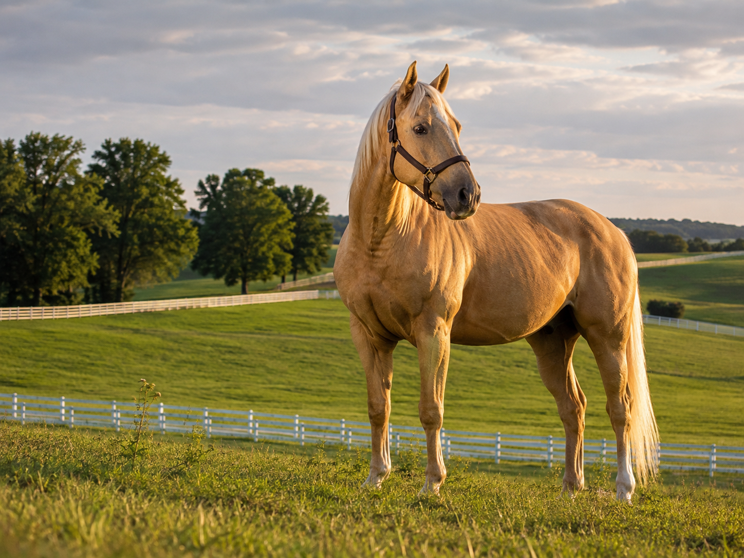 A golden palomino horse stands majestically on lush green pasture with white fencing and trees in the background.