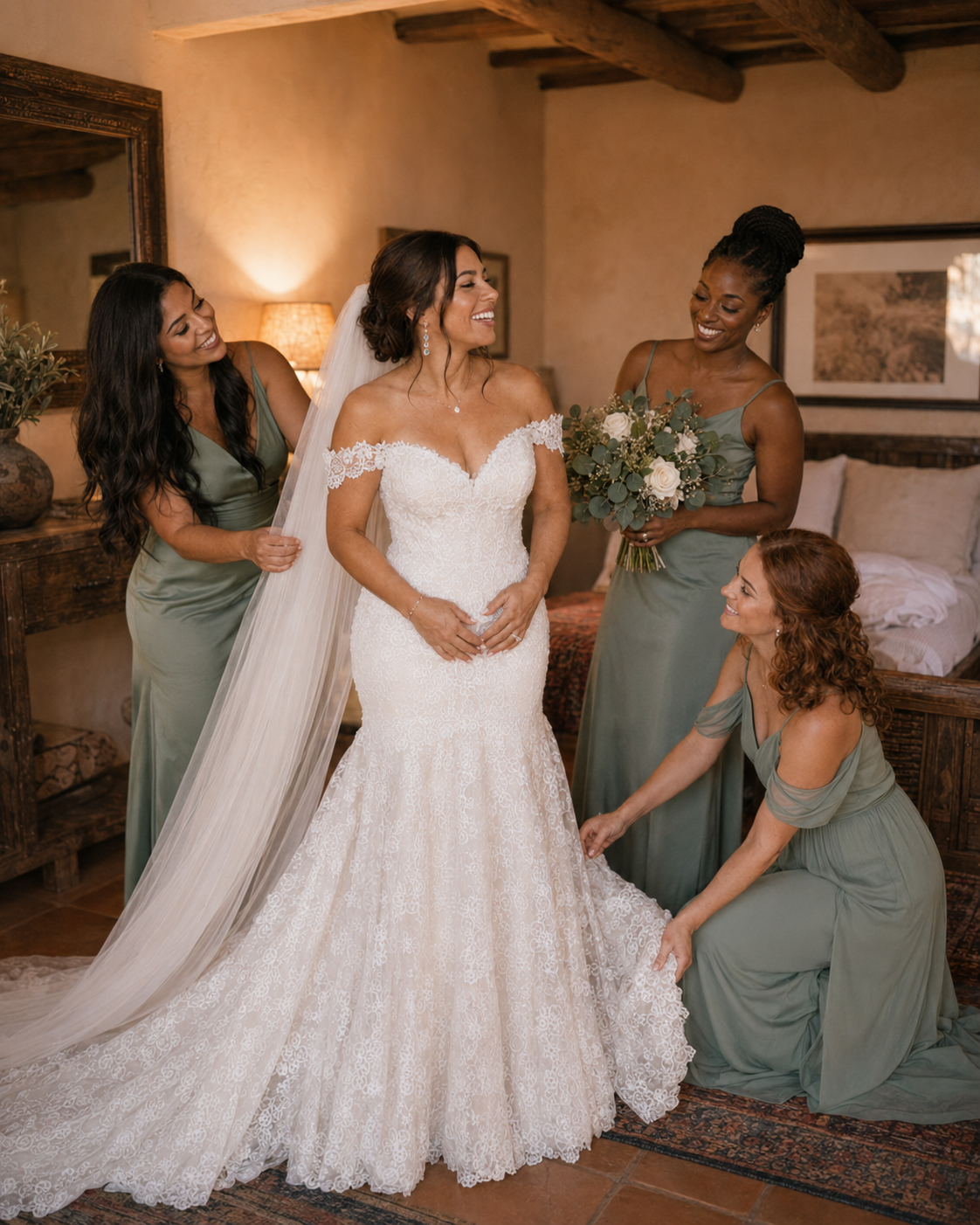 Bride in lace mermaid gown with veil, surrounded by three bridesmaids in sage green dresses helping her prepare.