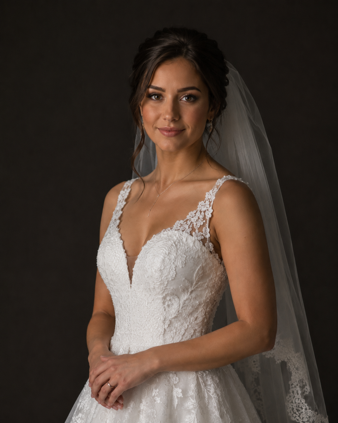 Portrait of bride in lace V-neck bridal gown with lace-trimmed veil, natural makeup, and dark upswept hair.