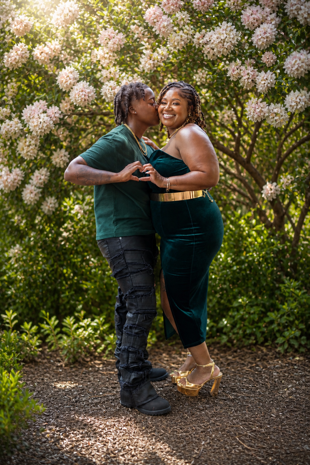 Couple posing in a garden with blooming flowers, sharing a kiss while forming a heart shape with their hands.