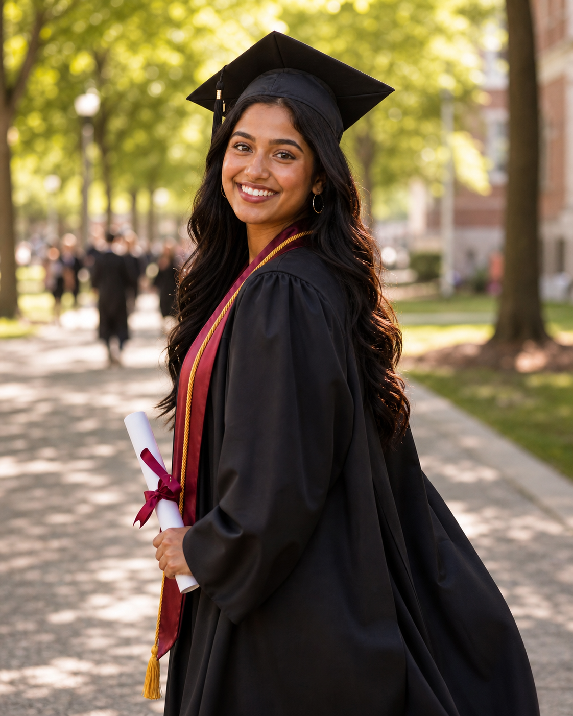 Smiling young woman in black graduation cap and gown holding diploma on a tree-lined campus walkway.