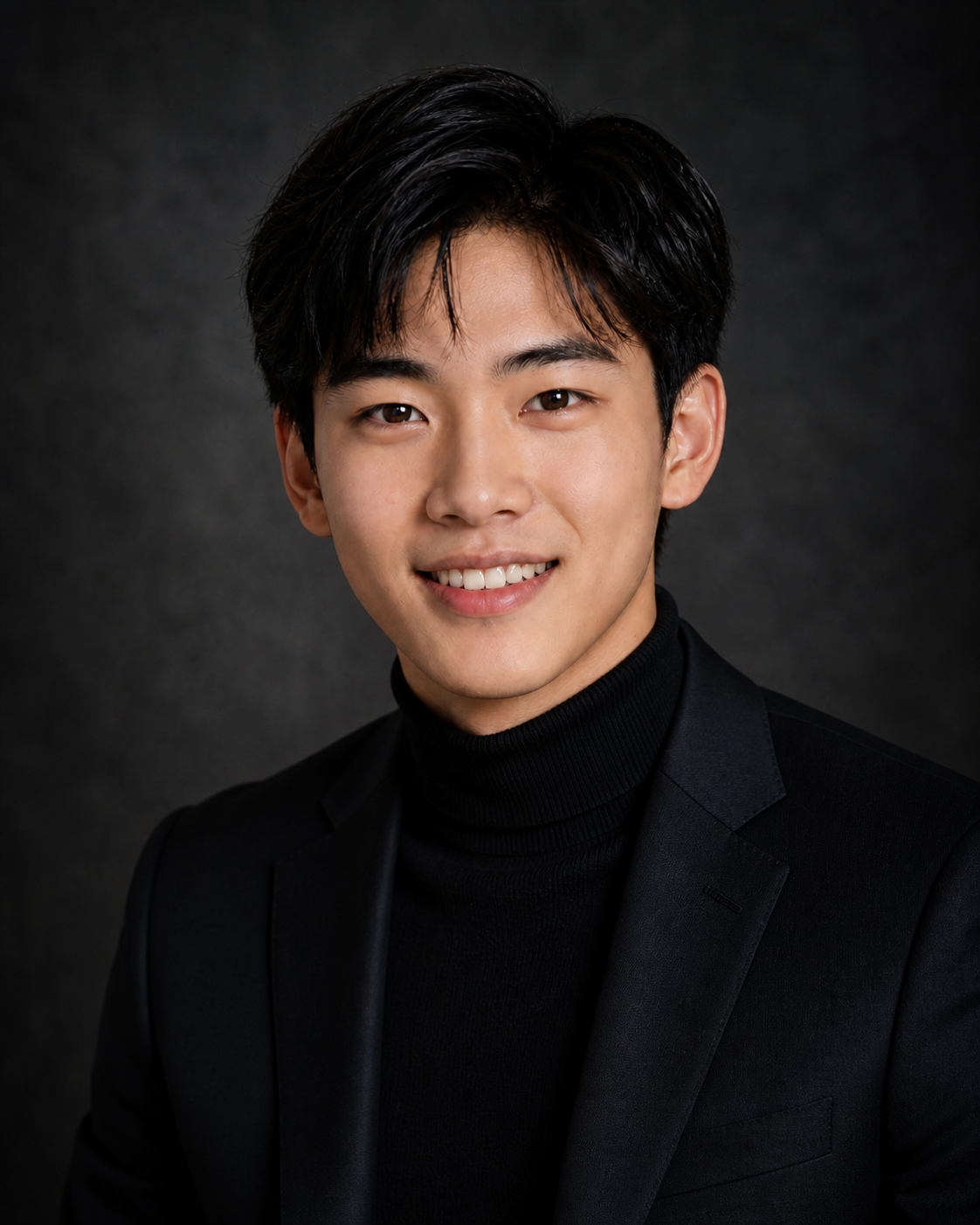 Young man in black turtleneck and blazer smiling confidently against dark studio background.