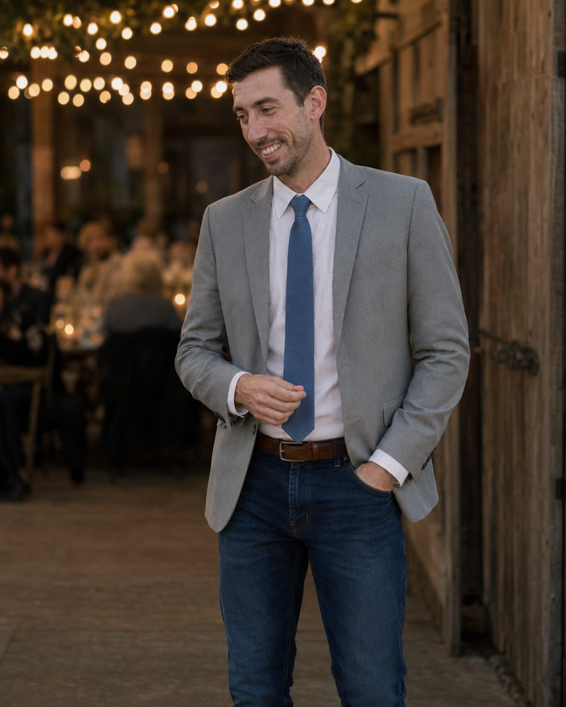 Smiling man in gray blazer and blue tie walks through warmly lit wedding venue.
