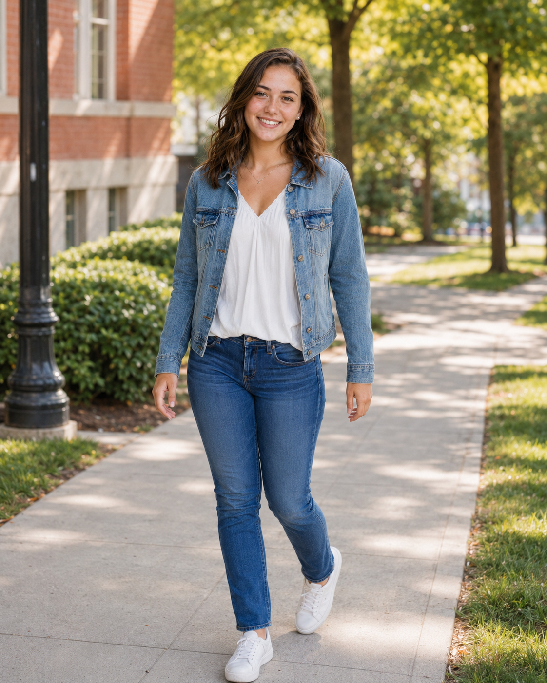 Smiling young woman in denim jacket, white top, and jeans walking on a sunny campus sidewalk.