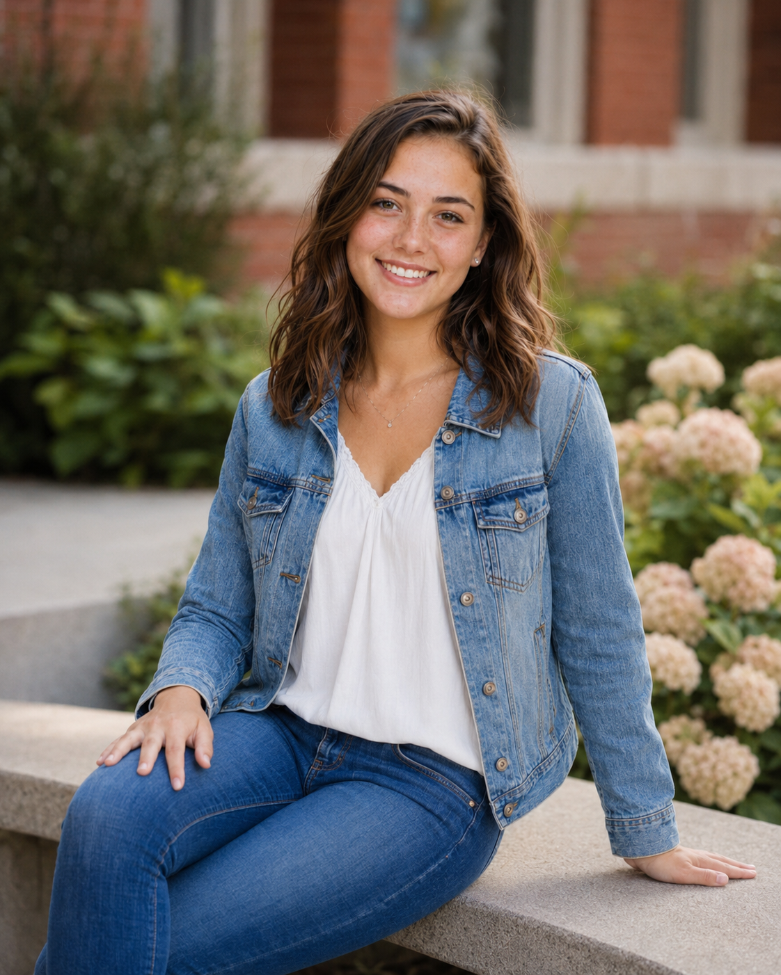 Young woman smiling in denim jacket and jeans seated outdoors near blooming hydrangeas.
