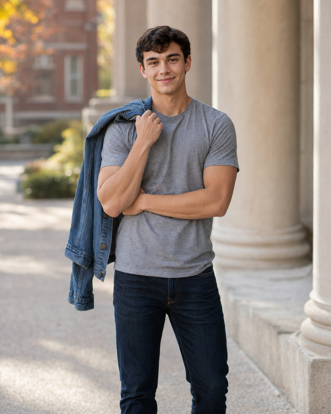 Athletic teen in gray t-shirt holding denim jacket over shoulder by stone columns.