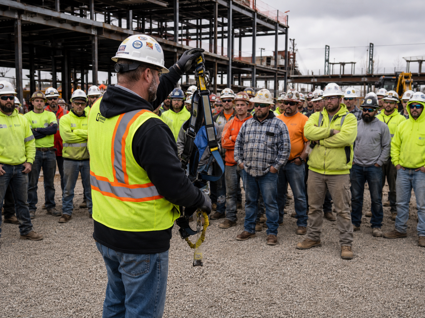 A safety manager in a high-visibility vest addresses a large group of construction workers on a job site.