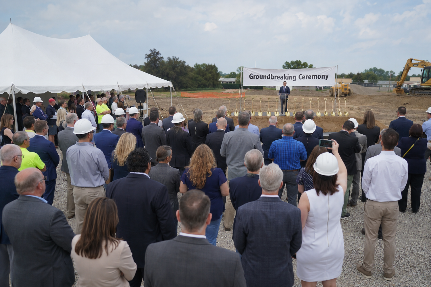 Attendees gather at an outdoor groundbreaking ceremony with a speaker at podium and construction equipment visible.