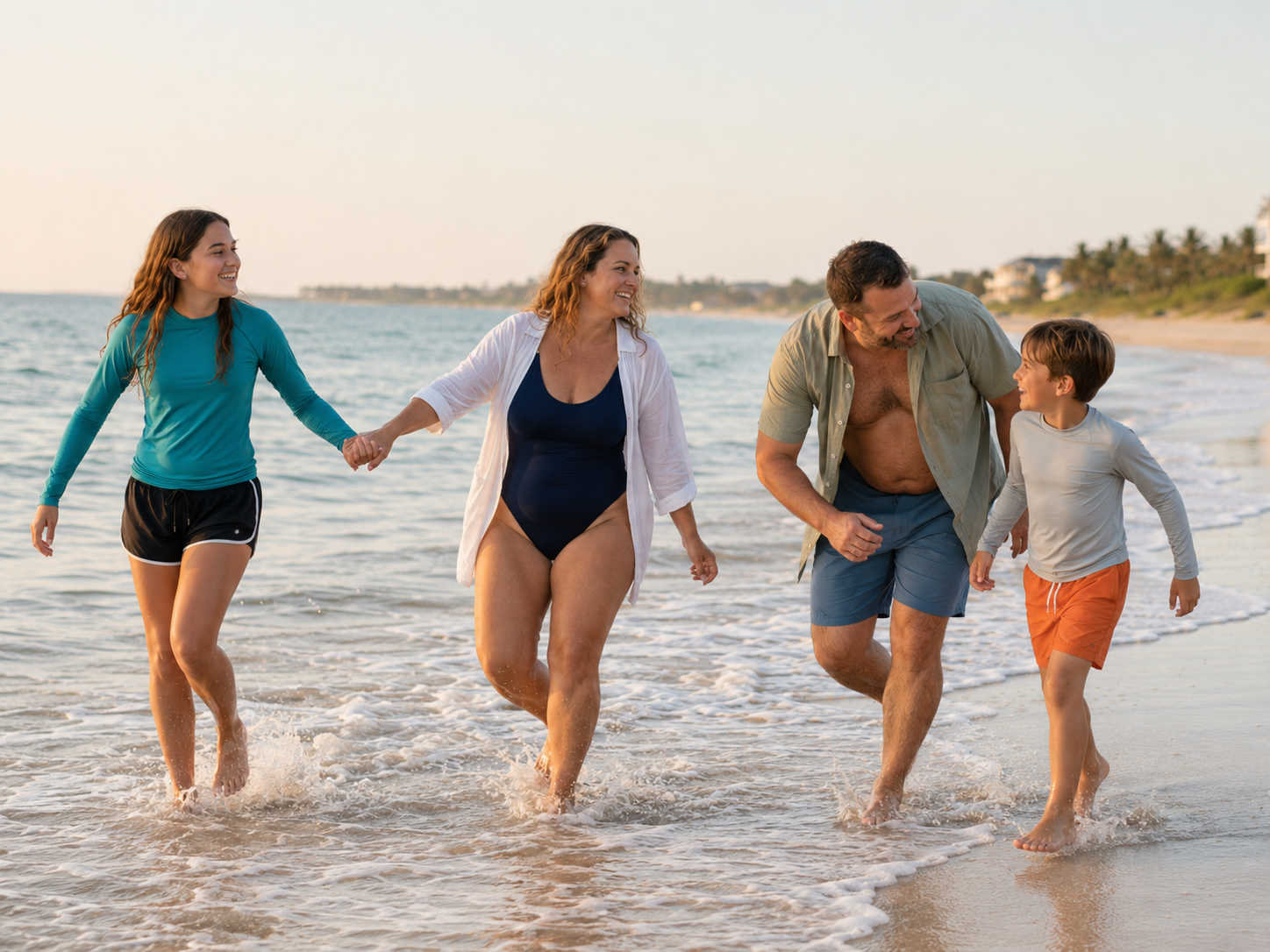 Family of four laughing and splashing in ocean waves on a sunny beach at sunset.