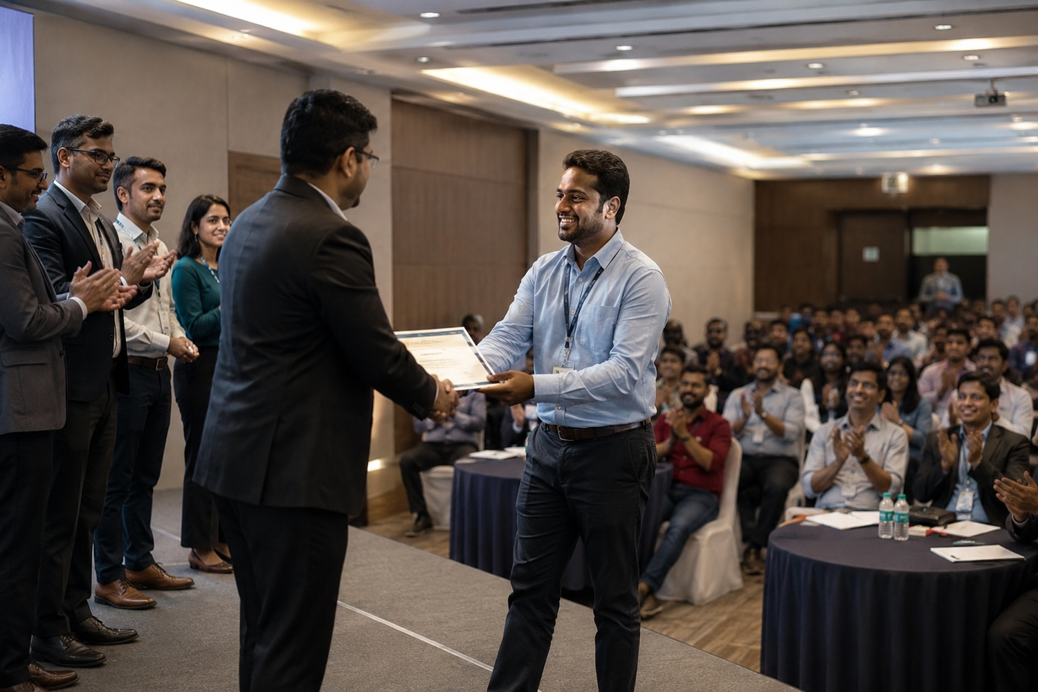 Professional award ceremony with man receiving certificate on stage before applauding audience in conference hall.